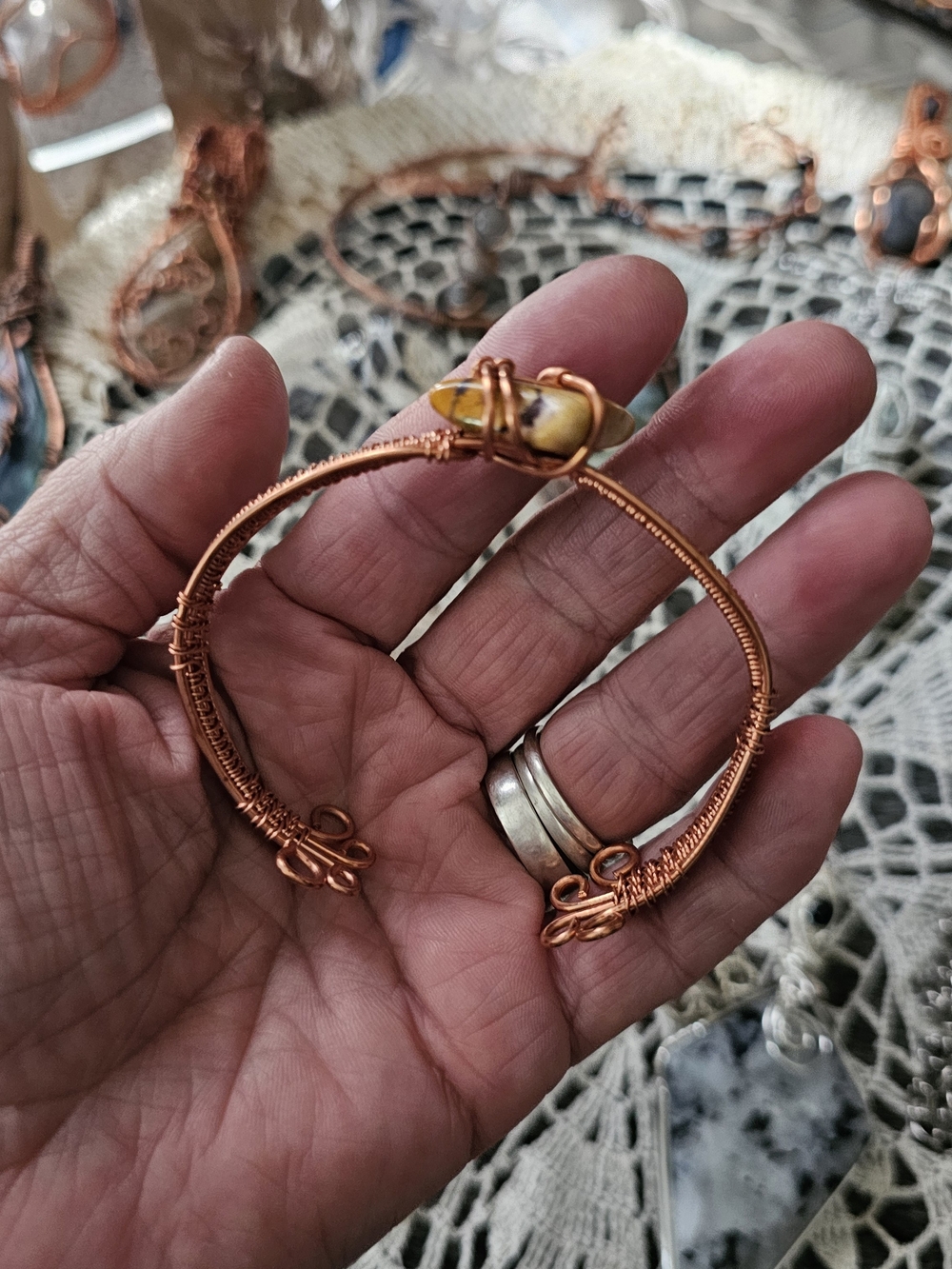 Handcrafted Copper Wire Bangle with Yellow Jasper Stone - Picture 2 of 4